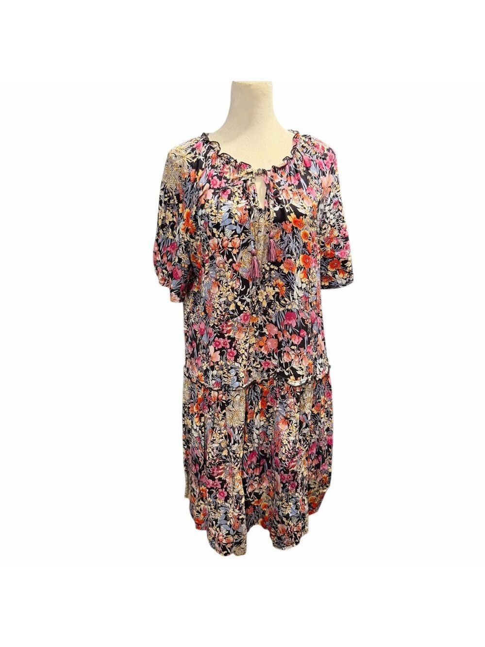 Tribal Jeans Raglan Sleeve V Neck Tiered Lollipop Floral Boho Peasant Dress L